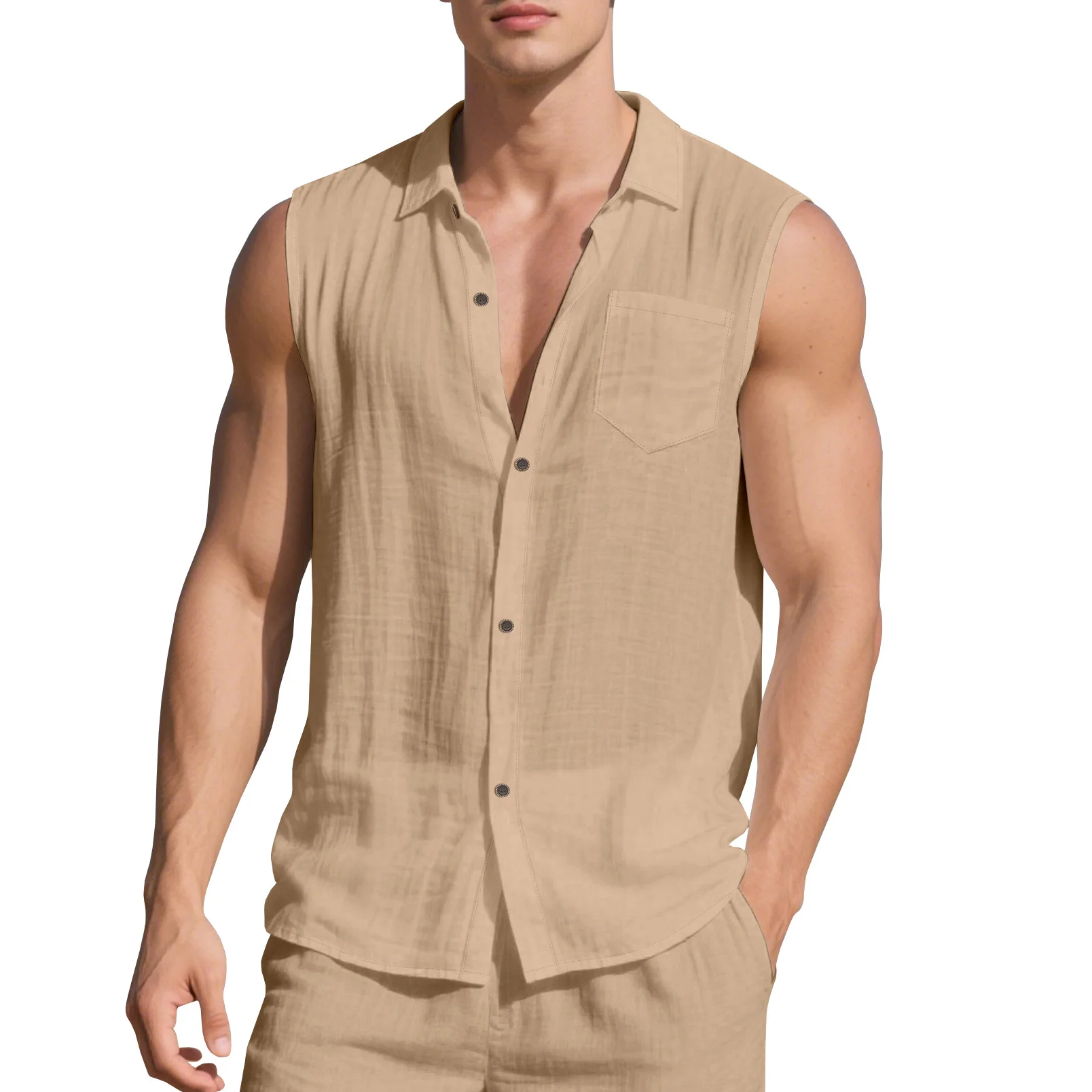 Camisa de Playa sin Mangas para Hombre, Estilo Europeo y Americano, con Solapa, Novedad de Verano, Holgada, de Lino, Simple y Casual 5