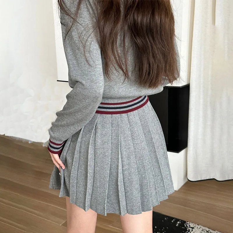 Korean College Style Knitted Mini Skirt 2 Piece Set Fashion Women Long-sleeved Cardigan Tops with Hign Waist Pleated Skirt Suits