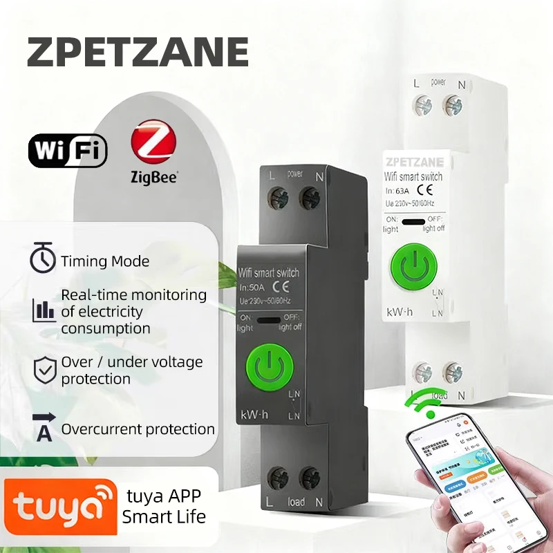 

TUYA Zigbee Wifi MCB Smart Circuit Breaker 50A Over Current Under Voltage Protection Power Metering 1-63A Remote Control Switch