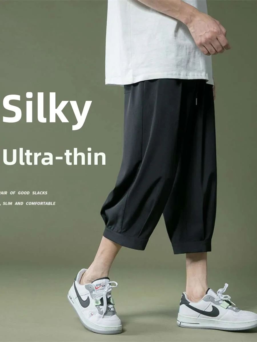 

Мужские летние брюки из ледяного шелка свободного кроя, тонкие повседневные брюки-семерки, весенние повседневные брюки, удобные, дышащие, легкие