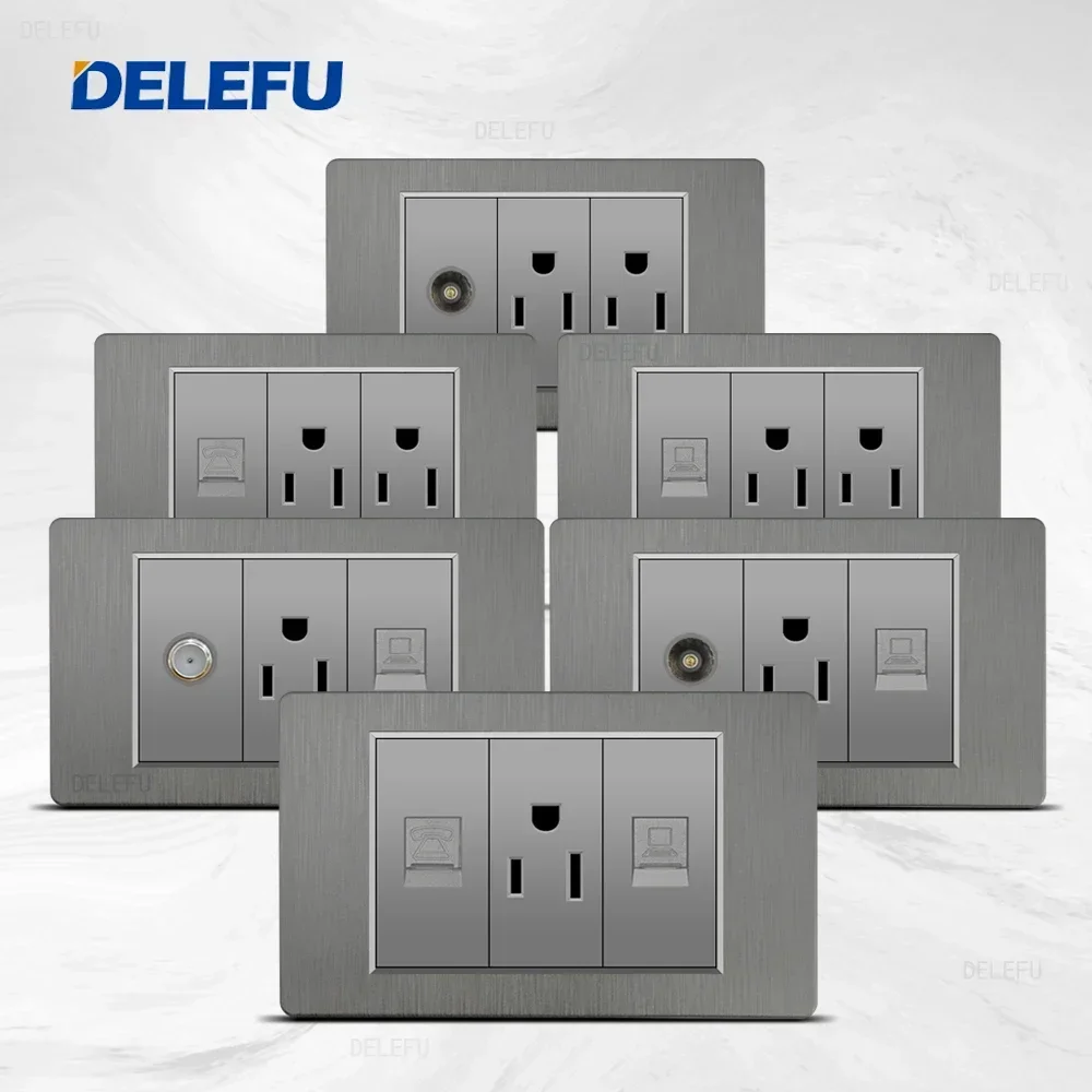 DELEFU Grey PC brushed panel American Standard series 118*74mm wall computer combination socket switch