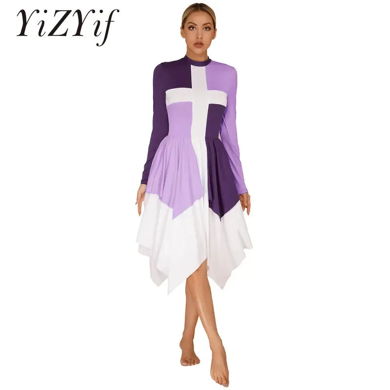 Womens Color Block Liturgical Dance Dress Choir Performance Costume Long Sleeve Irregular Hem Stage Performance Ballet Dresses