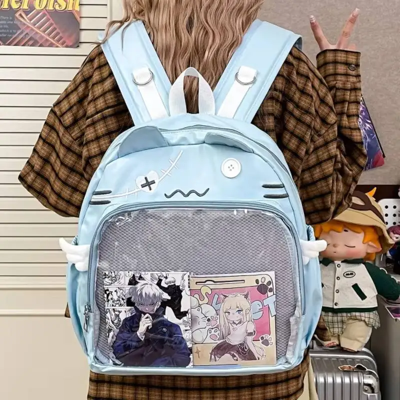 

Y2K Emoji Cat Ita Backpack Cute Girls Transparent Rucksack Large Capacity Student DIY Display School Bag Fashion Travel Knapsack