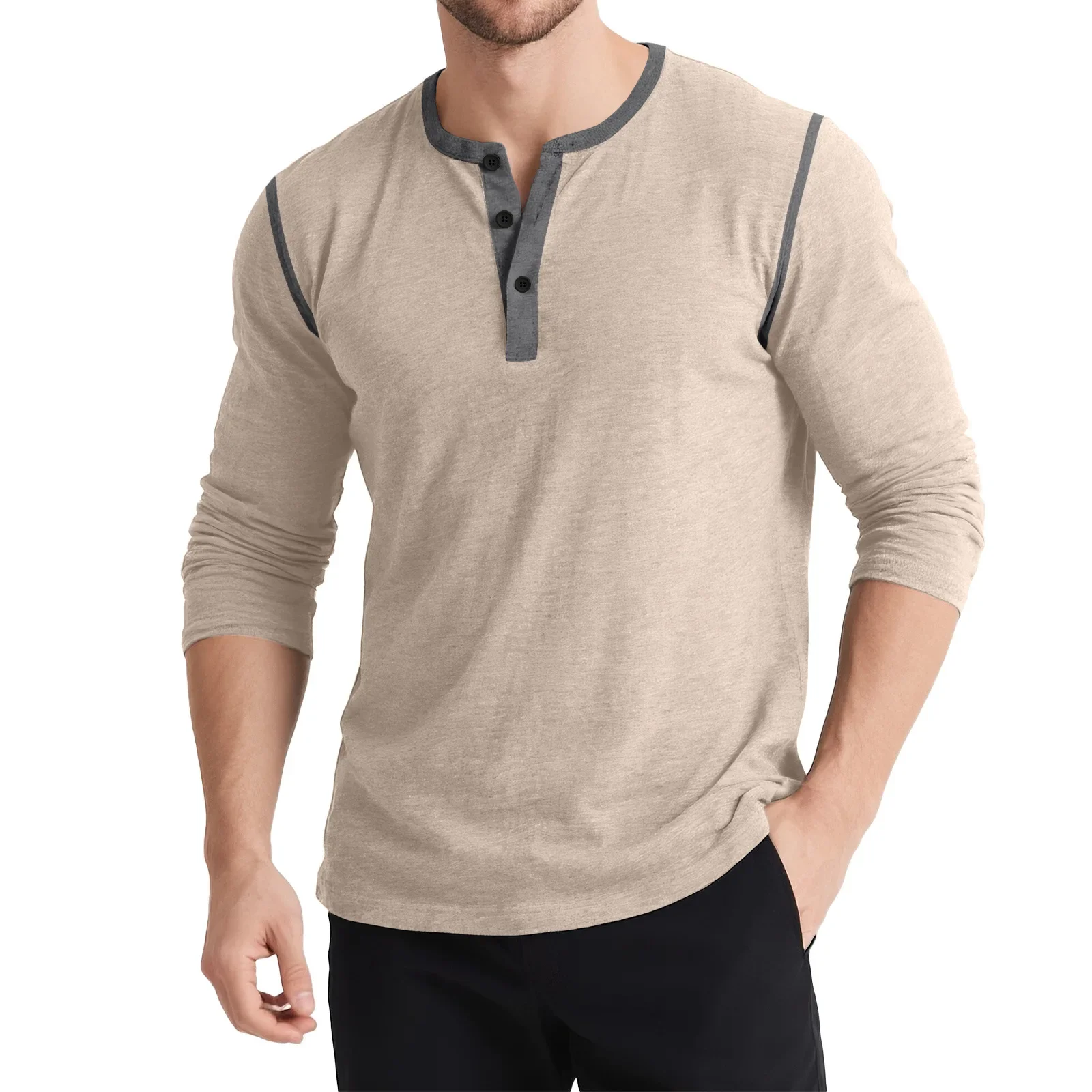 Men's Autumn And Winter Long Sleeve Henley Shirt Men's Retro T-Shirt Three Buttons Color Matching Henleys