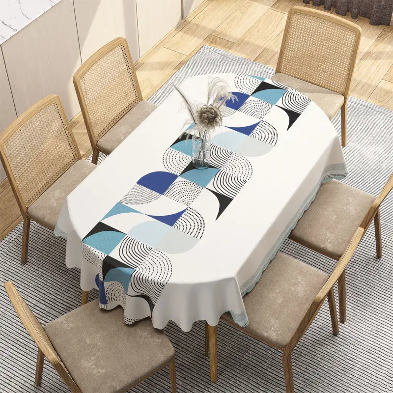 Geometric Printed Tablecloth, PVC, Waterproof, Oilproof Table Cover, Modern Style, Ellipse Table Cloth, Home Decorative, 200cm