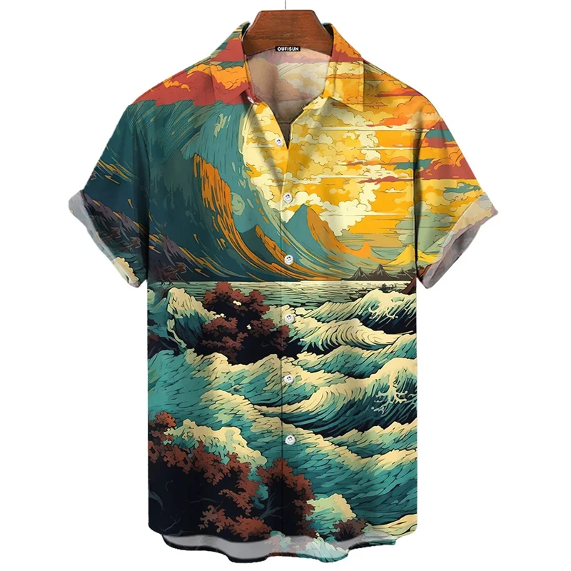 2024 New Shirts For Mens Short Sleeve Tops Japanese Style Ukiyoe Graphic Clothes Oversized Summer Apparel Streetweat Man Shirts