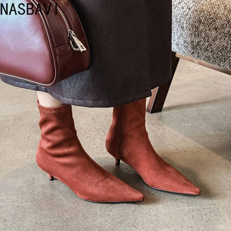 

NASBAVI 2026 Fashion Winter Faux Suede Stretch Boots Women Ankle Boots Autumn Shoes Mid Heels Pointed Toe Lady Short Boots 34-40