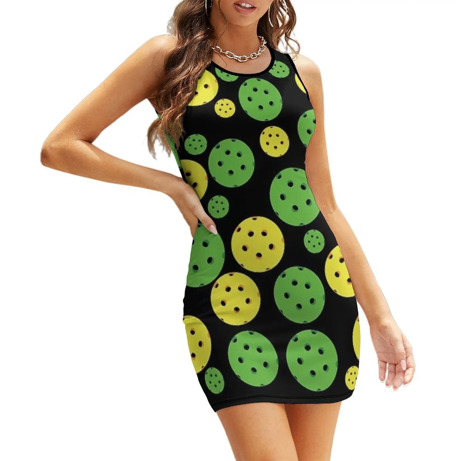 

Pickleball Yellow Green Pattern Sleeveless Sundress Casual dresses ladies dresses for women 2025 Women dresses summer