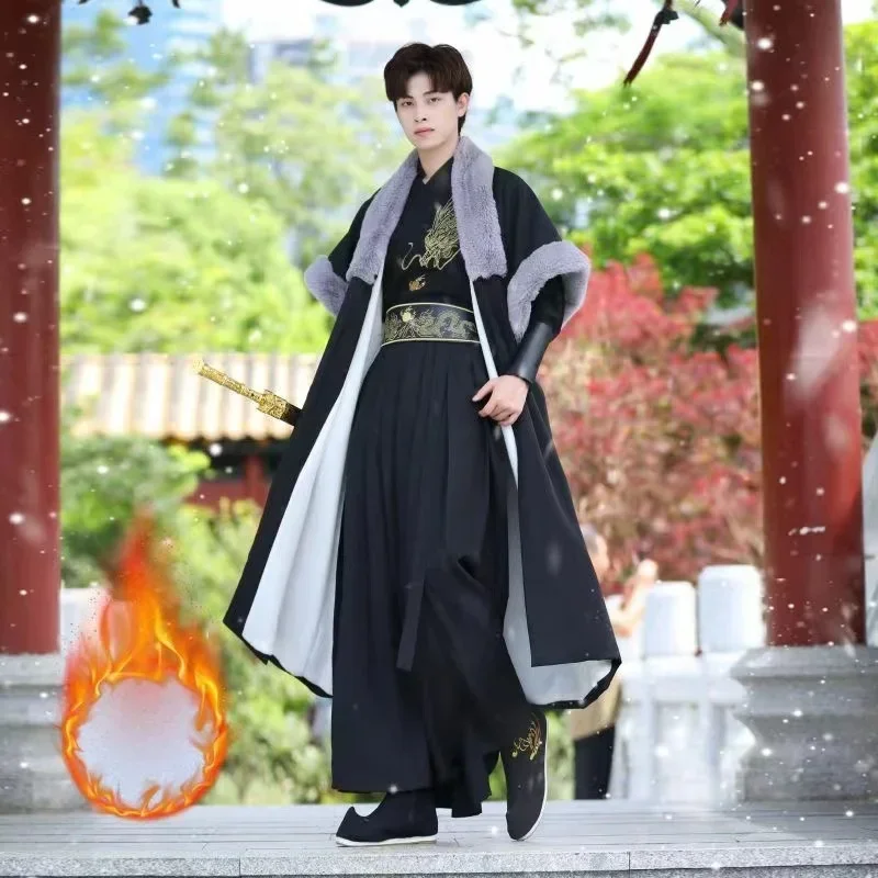 

Winter Men's Hanfu Classic Dragon Clothing Dress Set Cross Collar Traditional Chinese Costume Boys Male Cloak New Year Gifts