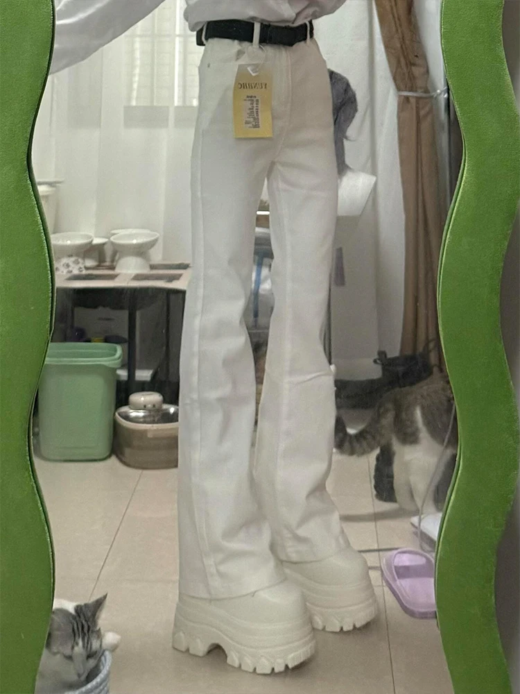 

High Waist Slim Fit Straight Leg White Denim Jeans Men Women Sle Elastic Waisand Long Trousers Youth Faion Cotton Blend