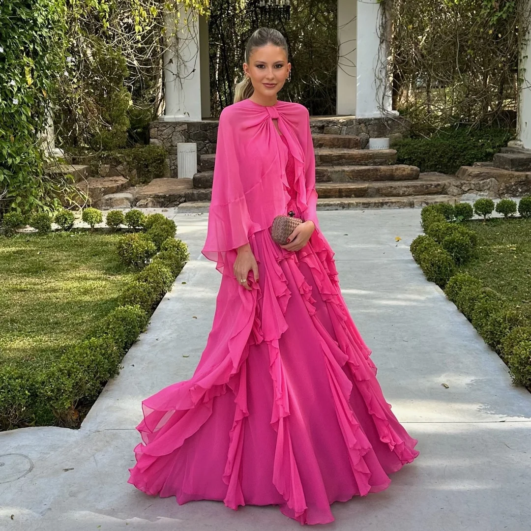 

Fuchsia Evening Dresses with Wrap Cloak vestidos de noche Layered Ruffles Prom Dress 2025 Wedding Party Gowns Customized