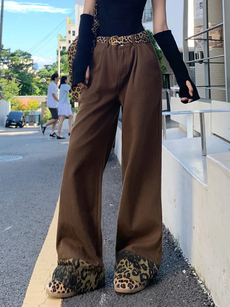 Amrican Retro Y2K Baggy Spliced Leopard Jeans Mujer2000s Autumn Winter Casual Brown Vintage Cuffs Denim Wide Jean Calça Feminina