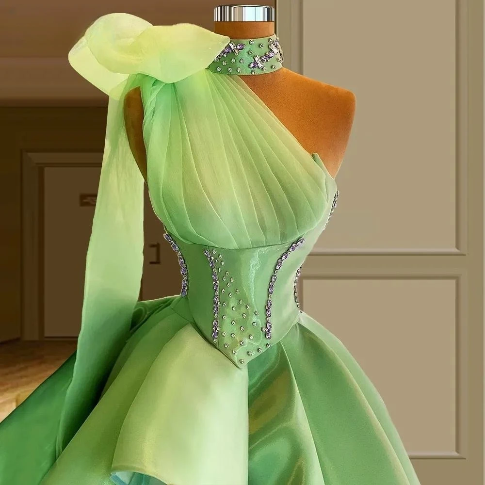 

Mint Green Cocktail Dresses A-line One-shoulder Tulle Beaded Homecoming Dresses Haute Couture