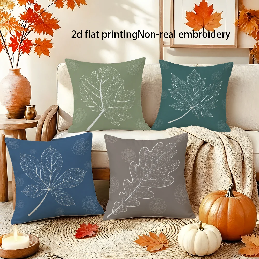 Autumn Leaf Print Pillow Set 4 Piece Throw Cushion Cover Polyester Home Decor Botanical Style Seasonal Accent Printed Design Non