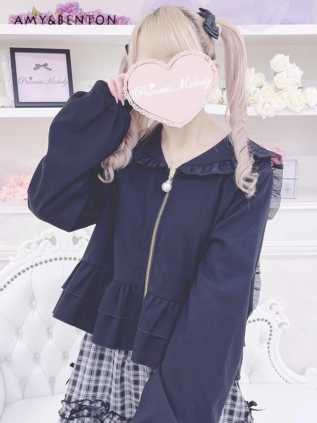 Japanese Mine Mass-produced Pearl Buckle Zipper Rabbit Ears Hooded Jacket Autumn Sweet Girl Cute Lotus Leaf Edge Slim Coat Woman