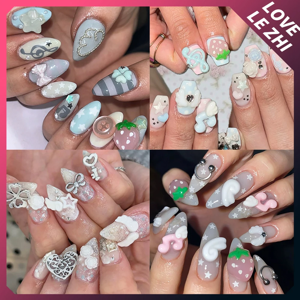

Kawaii Cartoon Short Almond Square Handmade Press On Nails Fresh Flower Strawberry Five-Pointed Star Four-Leaf Clover Fake Nail