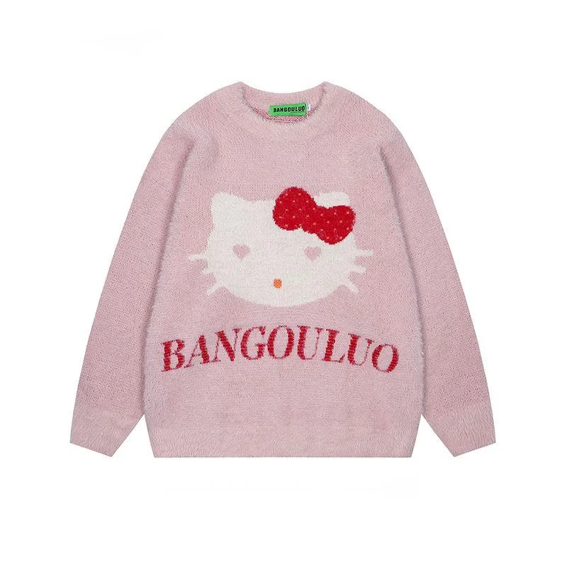 Hello Kitty Round Neck Loose Casual Knitted Sweater Women Autumn Winter Warm Knitted Top American Style Academy Sweet Pullovers