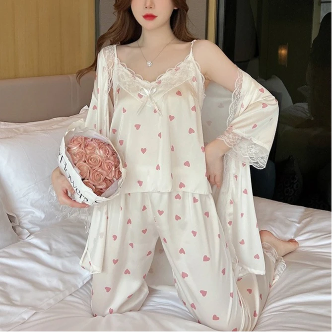 

Сексуальный комплект из 3 предметов: кружевная пижама, домашняя одежда, женский пижамный набор, ночная сорочка, майка, брюки и кардиган, женская одежда для сна из ледяного шелка