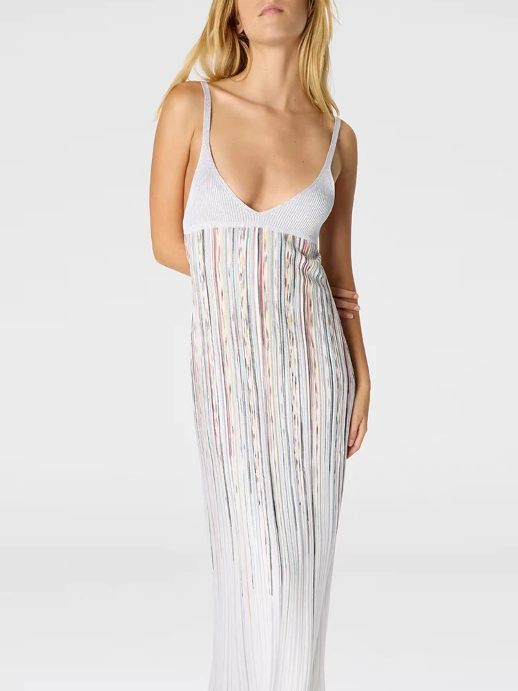 Summer Fashion Party Elegant Spaghetti Strap Slim Long Dress Women's Deep V-Neck Patchwork High Waist Gold Thread A-Line Dresses