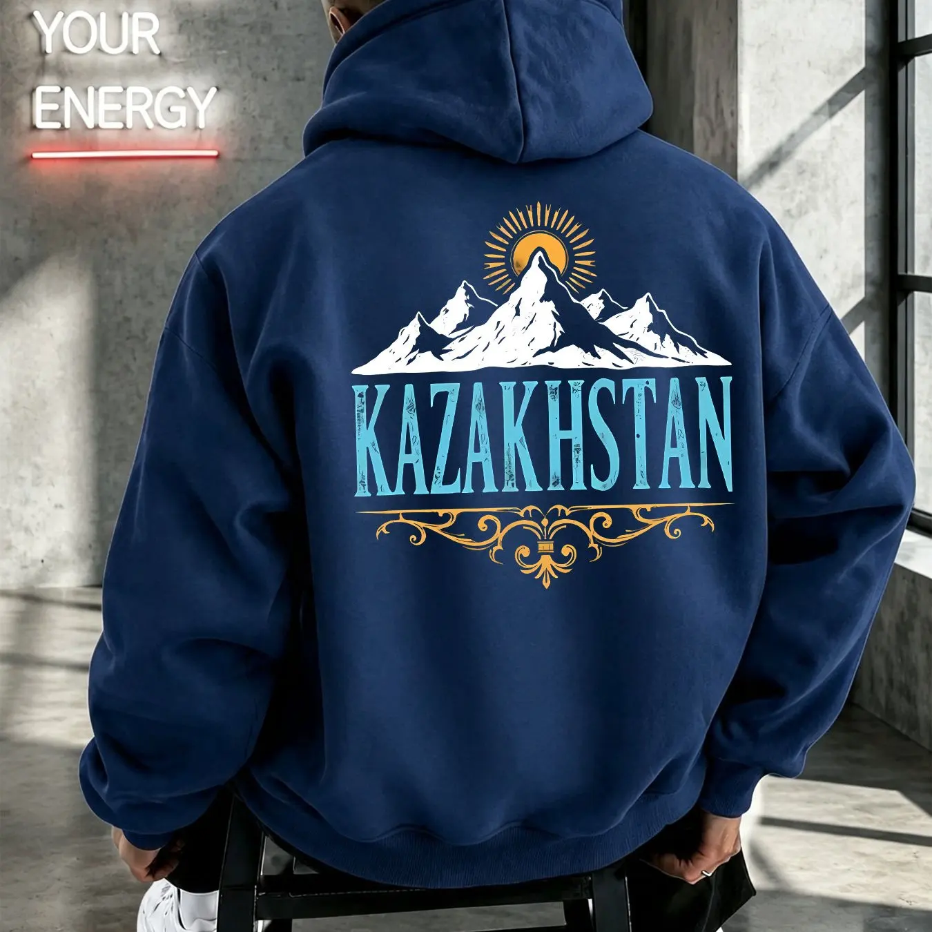 Trendiger Vintage Kasachstan Bergsonnen-Kunst Herren Pullover Hoodie Schneekopf-Dekorationsmuster Grafik Lässiger Kapuzenpullover – Detail 3