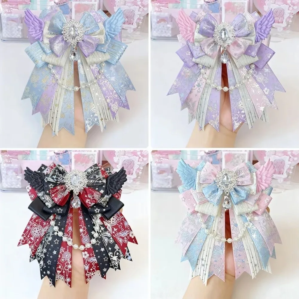 Gifts Double Layer Bow Brooch Gemstone Pendant Bead Chain Bow Pin Handmade DIY Angel Wings Brooch Comic Exhibition