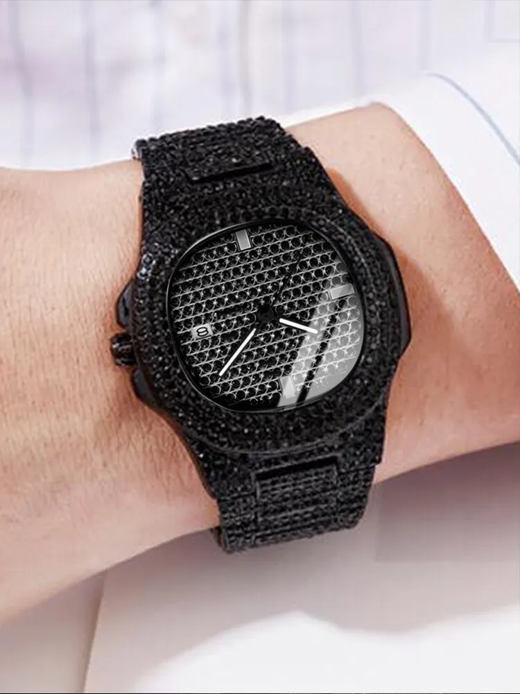 1pcs Fashion Business Calendar Men\'s Full Diamond Black Steel Band Quartz Watch