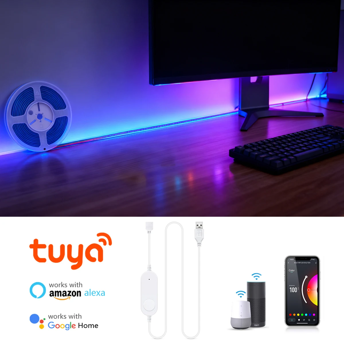 USB Convenient Powered Smart RGB LED Strip WiFi /Bluetooth 2Mode Version,Esports Game Room PC Backlight Wall Ambinet Cool Decor