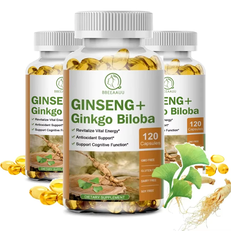 

BBEEAAUU Ginseng+Ginkgo Biloba Extract Capsules Support Brain Cognitive Function,Memory &Concentration Health Blood Circulation