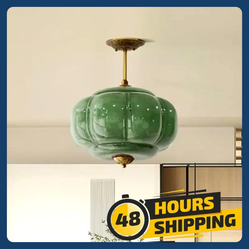 

French Luxury Milk Glass Pendant Light Retro Hanging Lamp Kitchen Corridor Copper American Scallop Round Green Glass Chandelier