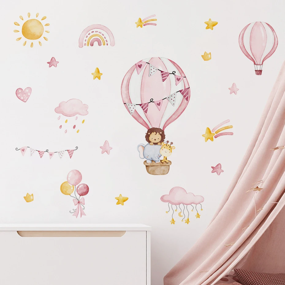 

Pink Hot Balloon Animals Elephant Sun Watercolor Wall Stickers for Living Room Bedroom Kids Room Nursery Wall Decals Home Decor