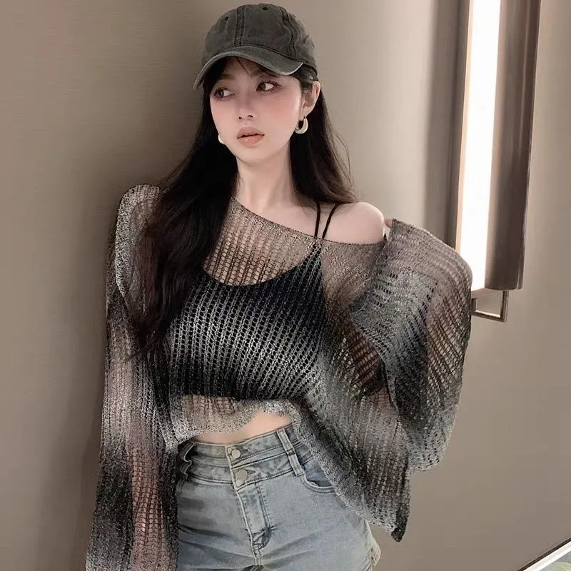 

Fashionable sexy knit sweater casual versatile gradient color hollowed out women's summer long-sleeved sun shirt loose thin tops