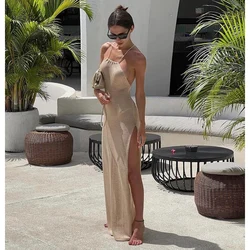 Slit Bodycon Summer Dress Bikinis Cover-ups Elegant Halter Beachdress 2024 Kintted Cover Up Beach Sexy See Through Maxi