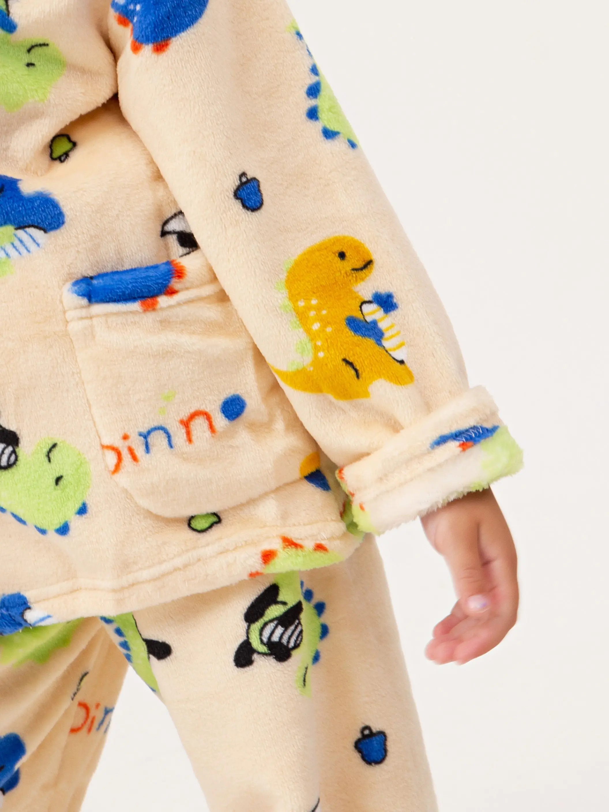 2026 Herbst Winter Kinder Coral-Fleece Schlafanzug-Sets Baby Jungen Mädchen Dinosaurier-Druck Langarm Warme Bequeme Nachtwäsche – Detail 6