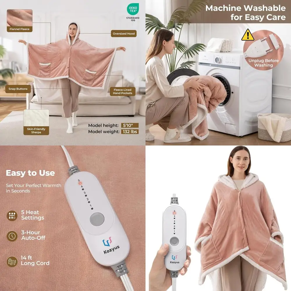 

Одеяло с подогревом, капюшоном и карманами, 5 уровней температуры, автоматическое отключение, моющееся, сертифицированное, унисекс, розовое