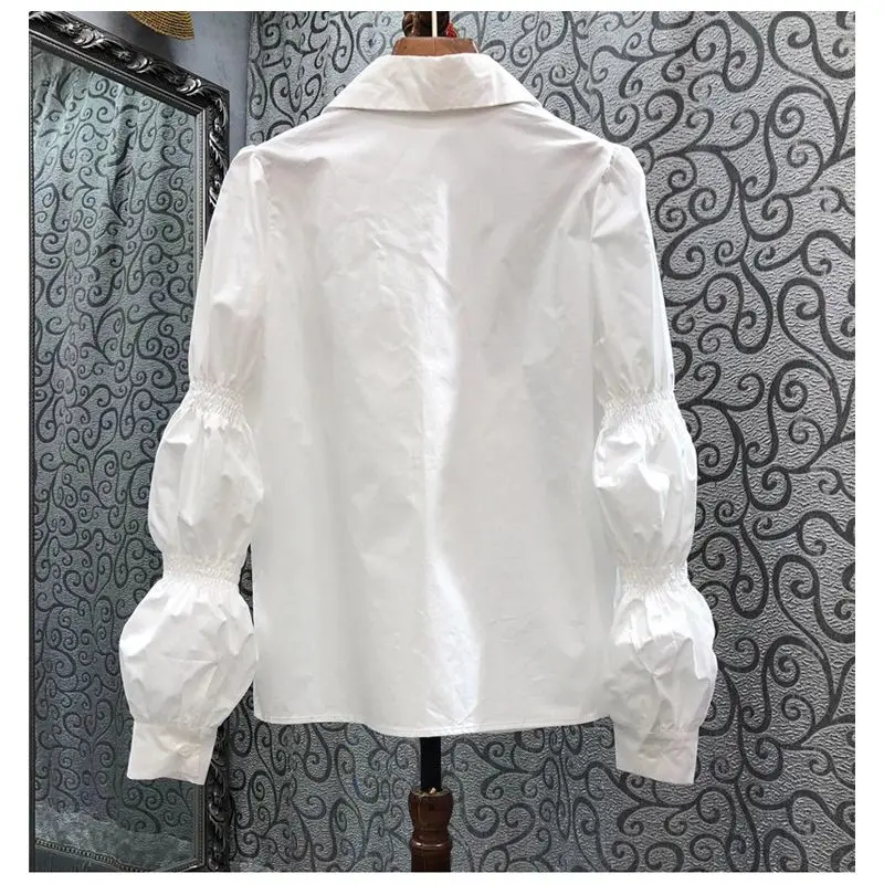 2023 Vintage Puff Bubble Sleeve Button Up Shirt Lady White Blouse Women Pointed Turn Down Collar Long Sleeve Cotton Tops