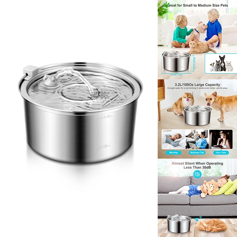 

Automatic Pet Water Fountain Smart Mute Dog Water Dispenser Stainless Steel 108Oz/3.2L EU Plug