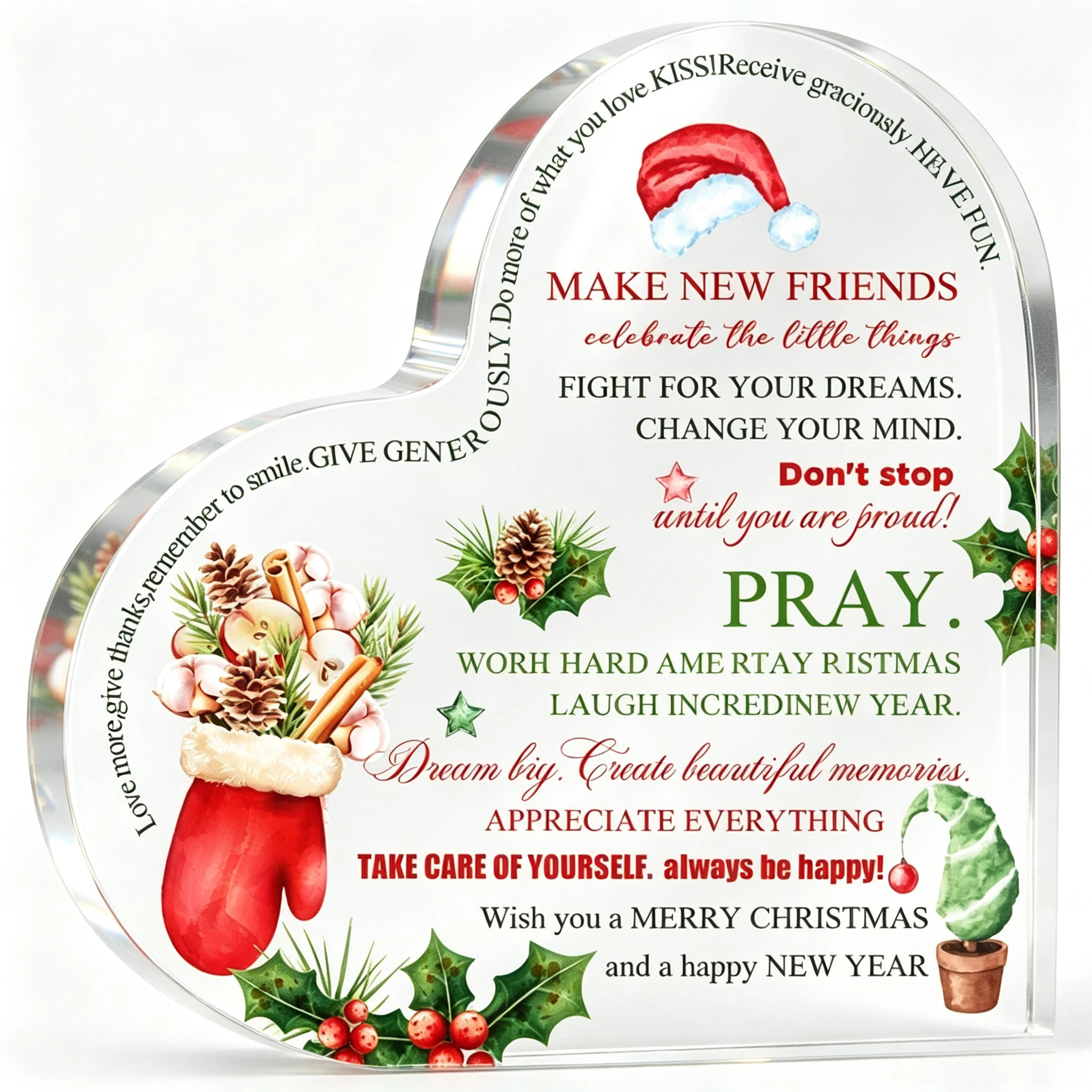 Christmas Positive Quotes Heart Acrylic Stand, Santa Hat Pinecone Holiday Table Ornament