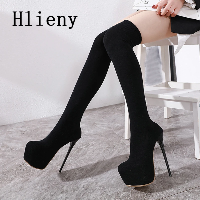 Hlieny Fashion Platform Woman Over Knee Winter Boot Womens Black Knitting Round Toe Thigh High Long Socks Lady Shoes Size 35-42