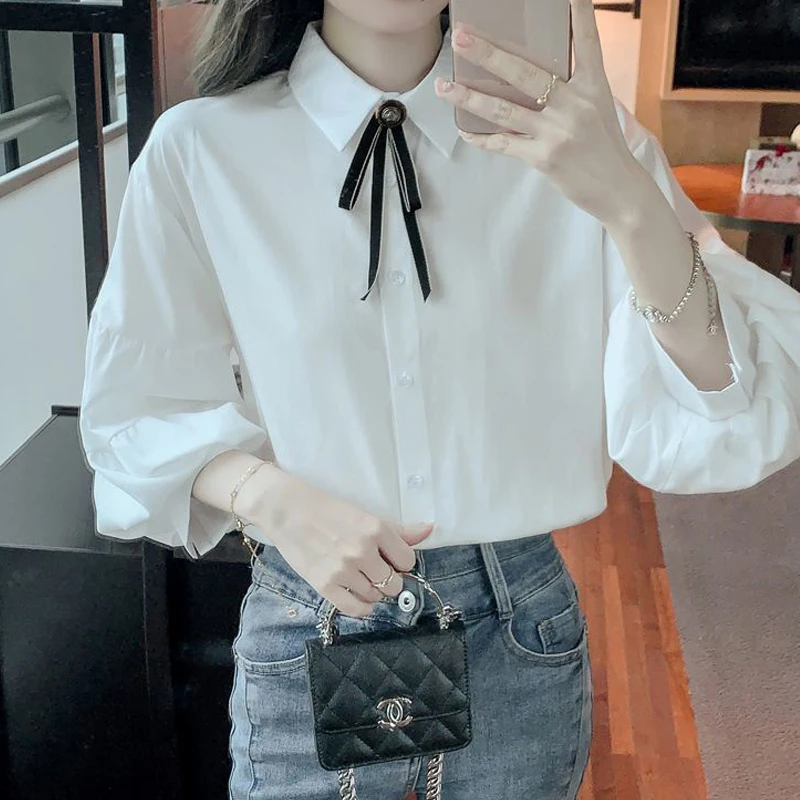 Women Korean Bow Sweet Kawaii Shirts Spring Summer Solid 3/4 Sleeve Loose Elegant Blouses Chic Casual Tops Blusa Mujer Moda 2023