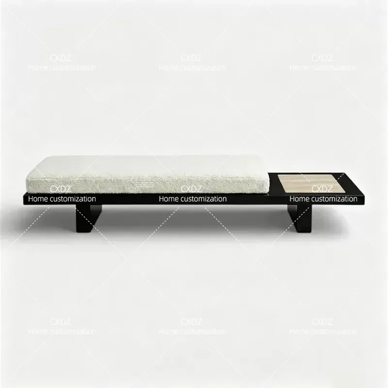Wabi Sabi Style Solid Wood Sofa Bench with Lamb Wool Upholstery Living Room Card Seat Stone Edge Bedside Stool Shoe Changing