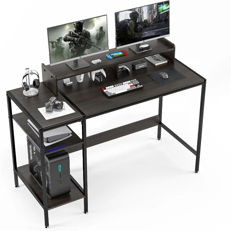 

47”Gaming Desk/Computer Desk，Home Office Desk with Monitor Stand, Writing Desk for 2 Monitors,Desk Adjustable Storage Space