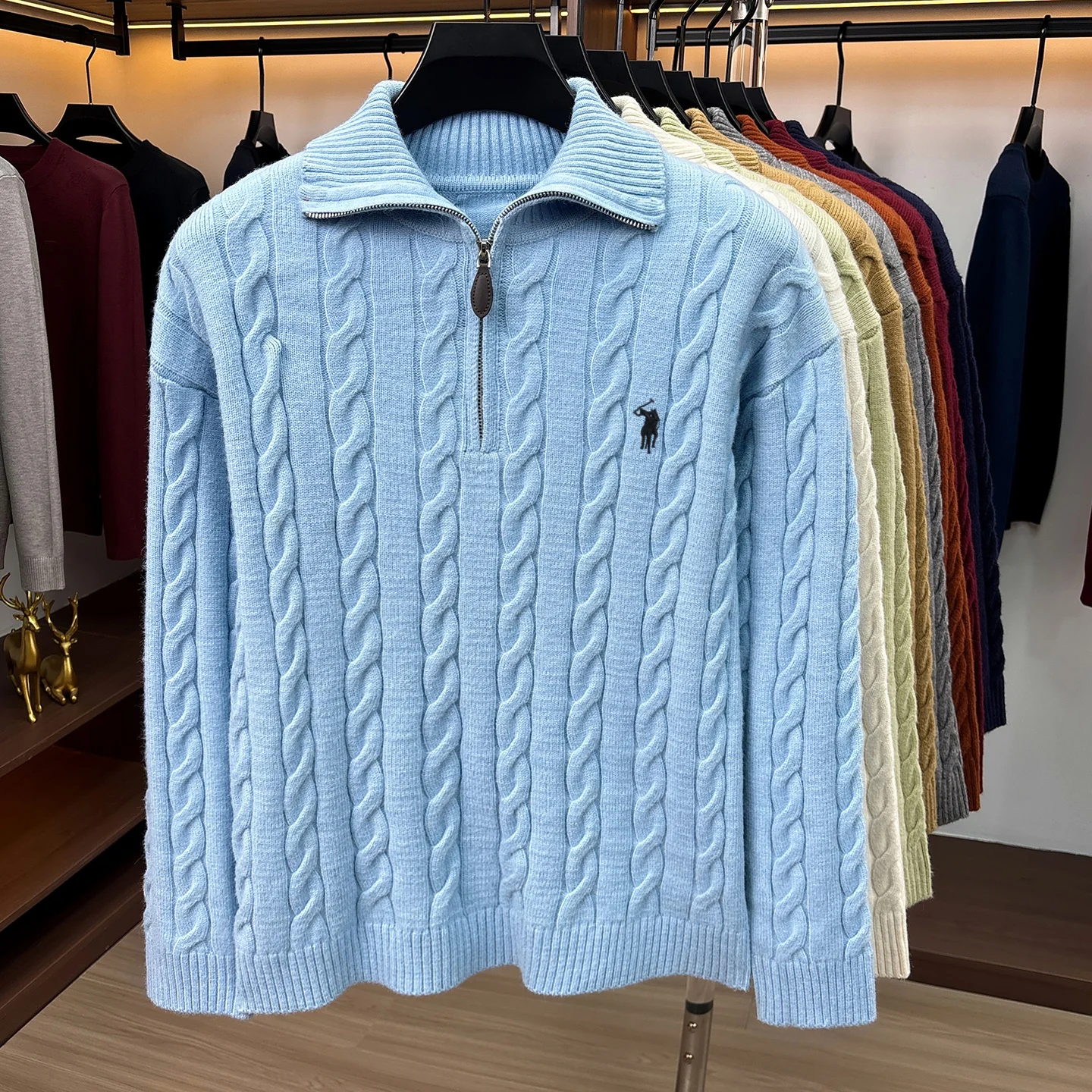 Herbst Winter Neuer Pullover Klassische Mode Jacquard Herren Retro Reißverschluss Stehkragen Luxus Paul Pony Stickerei Lässiger Strickpullover – Detail 11
