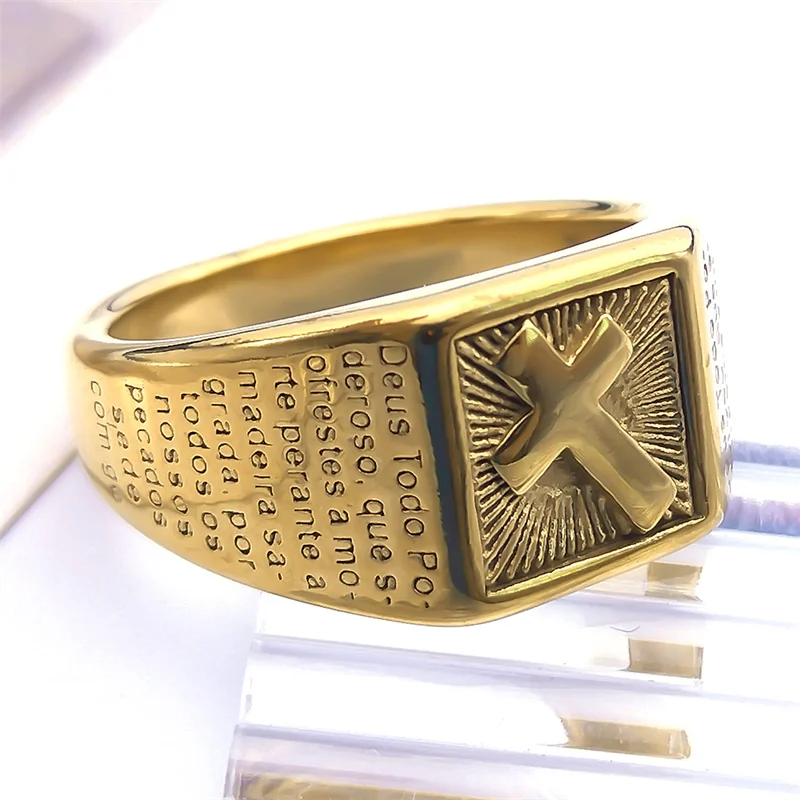 Punk Cross Bible Metal Ring for Men Women Stainless Steel Gold Plated Religious Rings Party Jewelry Gift for Boyfriend RRR550S05