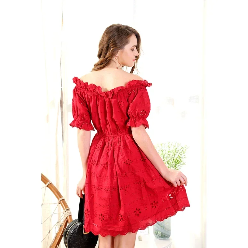 MISHOW Vintage Dresses Women Summer Fashion Puff Short Sleeve Mini Red Hollow Out Casual Beach Vacation Dress Female MX18B1240