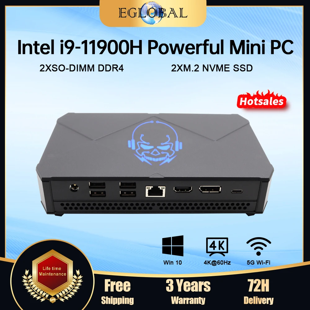 Eglobal Moins cher Gaming Mini PC Intel Core i5-1135G7 i7-1165G7 i7-11800H 3 Affichage Max 64 Go DDR4 2 * NVcloser SSD Desktop Computer