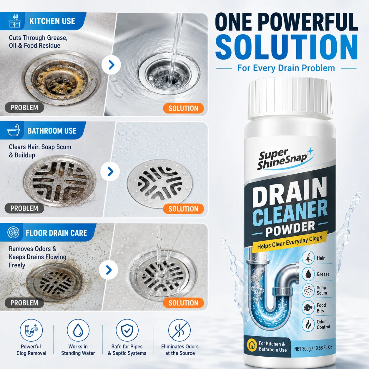 300g Drain Cleaner Powder for Kitchen and Bathroom Use, White Powder Drain Care Cleaner for Hair, Grease, Soap Scum, Food Bits and Odor Control, Easy Household Pipe Cleaning Supplies view 3
