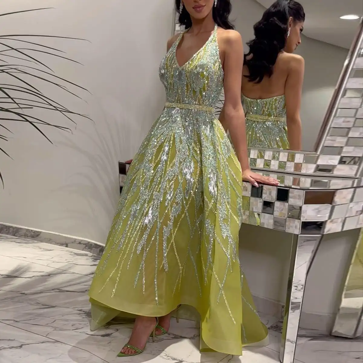 Jancember Beaded Lemon Green Arabic Evening Dresses With Halter High Low Dubai Women Wedding Party Gowns Lsz472