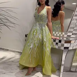 Jancember Beaded Lemon Green Arabic Evening Dresses With Halter High Low Dubai Women Wedding Party Gowns Lsz472