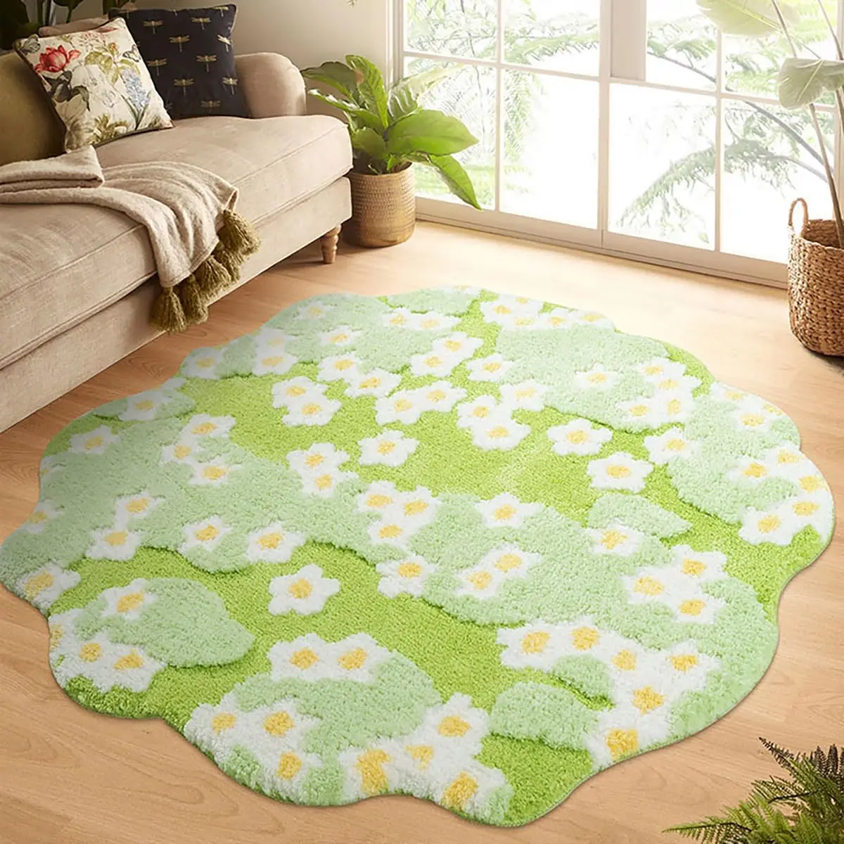 

3D Stereo Moss Rug with Daisy Flowers, Plush Shaggy Anti-Slip Floor Mat for Living Room Bedroom Decor (39.4x39.4in Green)