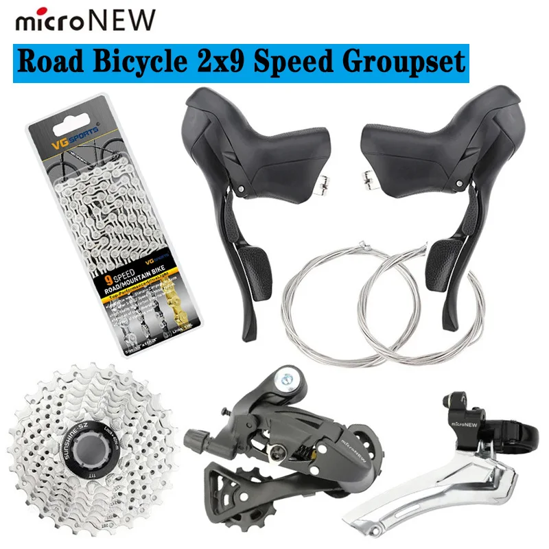 

MicroNEW Road Bicycle 2x9 Speed Rear Derailleur Shifter Lever With Bike Cassette 11-28T Flywheel 9V Chain Part